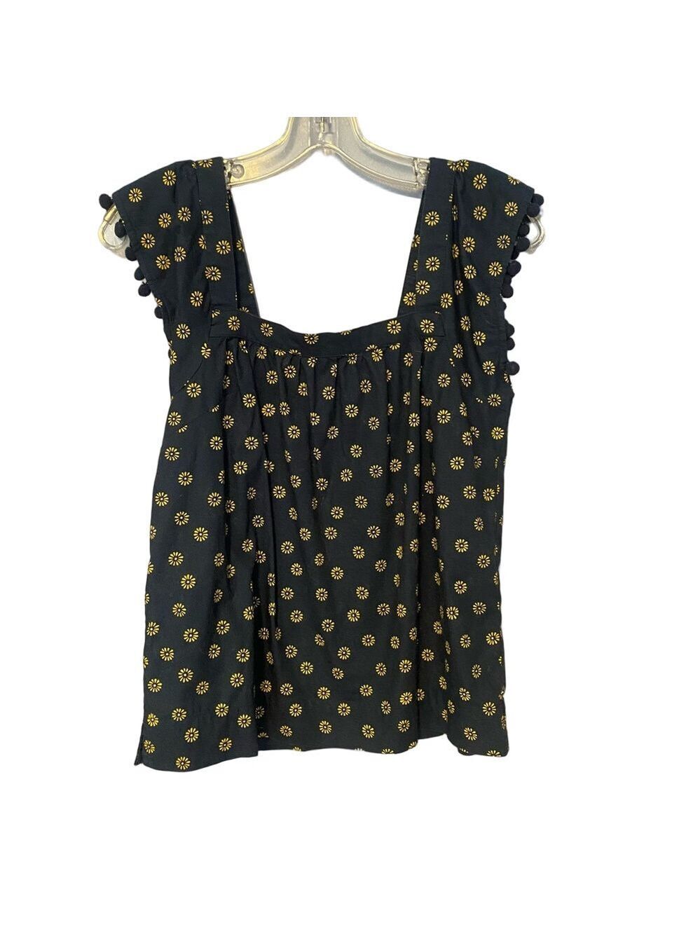 J. Crew Navy Yellow Sunflower Pom Pom Sleeve Top Sz 0 - Picture 2 of 11